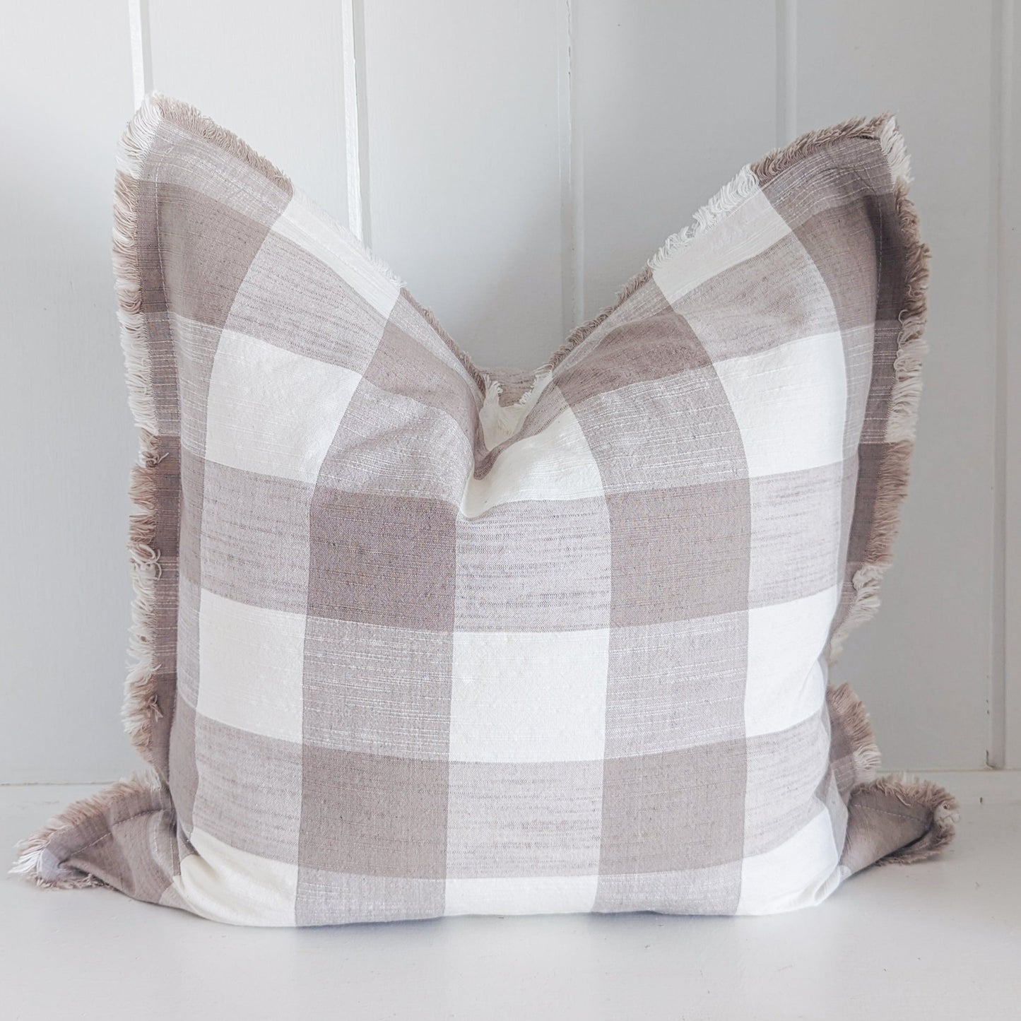 Gray and White Fringe Pillow