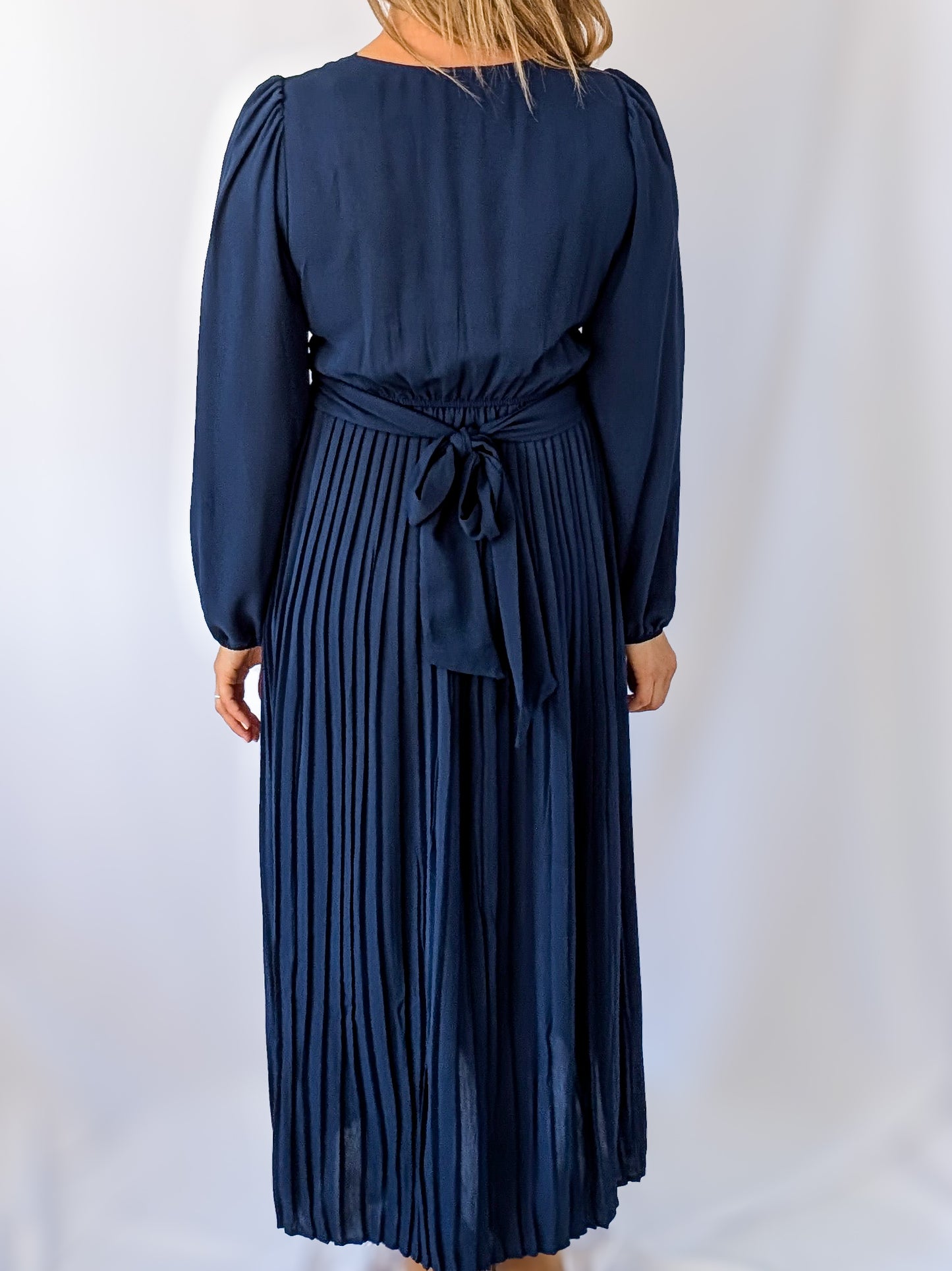 Pleated Navy Dress