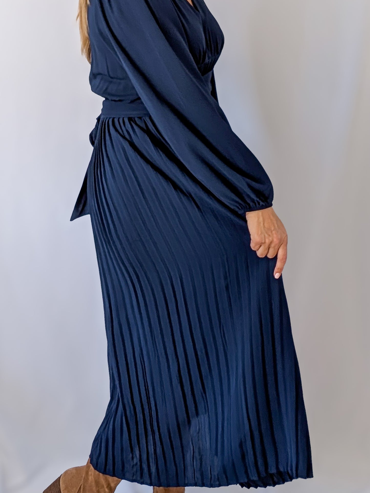 Pleated Navy Dress