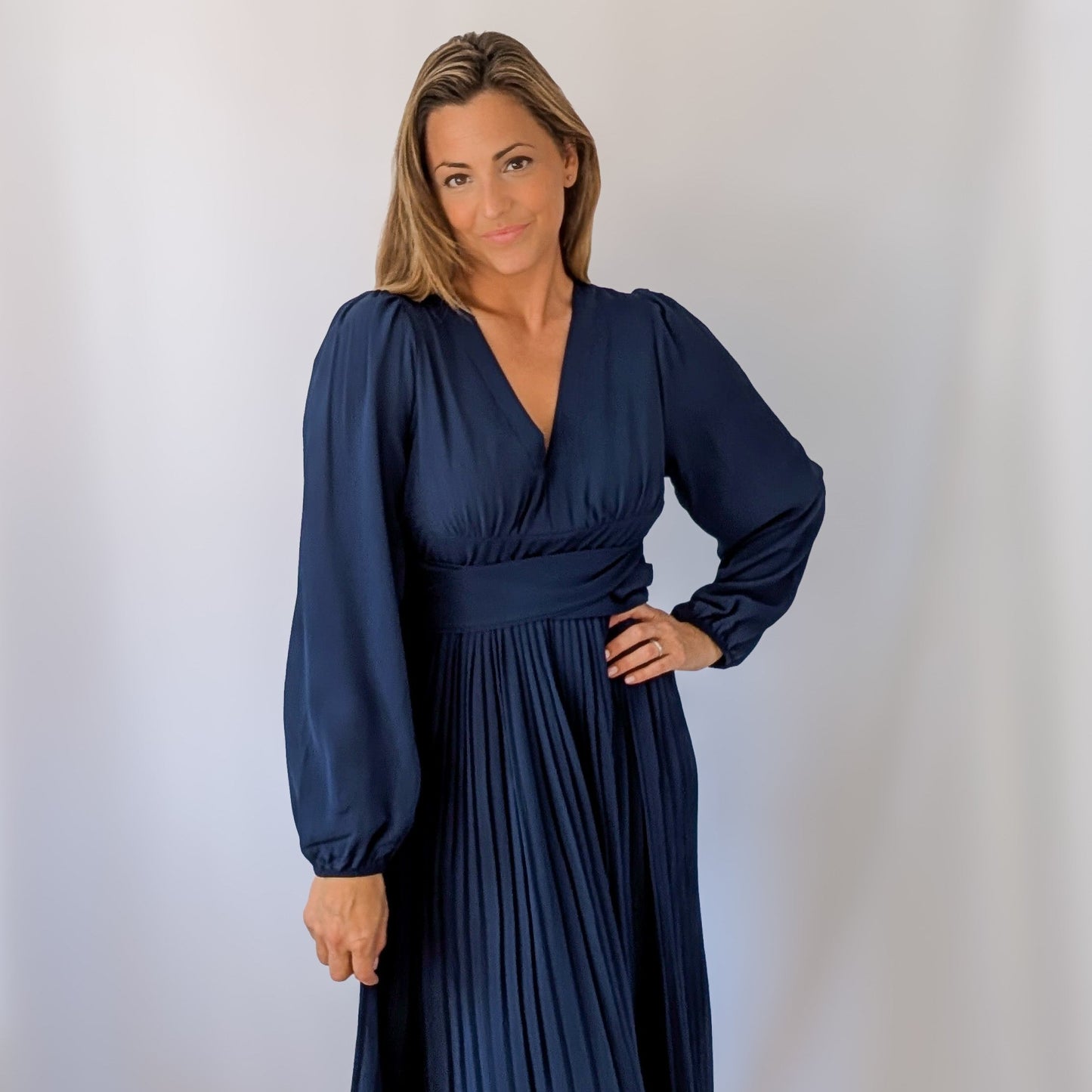 Pleated Navy Dress